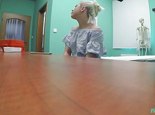 Flat chested babe fucks wildly in the doctors office