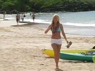 Blonde porn star Alison Angel has fun at a beach in reality video