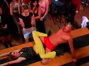 Orgy stripper gets his starving dick blown on stage