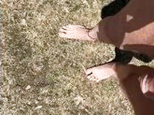 Barefoot pissing outdoors. Watch to the end.