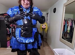 PVC Layered Maid Cosplay and Breathing Play with Gas Mask, Pipe in Suit