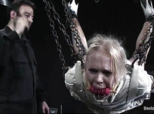 Blonde in straitjacket and gas mask gets humiliated