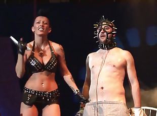 Extreme fetish porn lesson on european public sexfair show stage