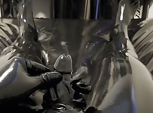 Jerking off in rubber toesock and cumshot