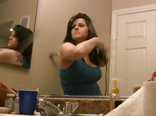 Cute Busty Brunette Amateur Getting Ready In Front of Mirror