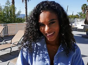 Curly-haired ebony sucks and rides white prick in POV
