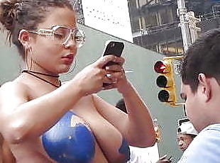 Busty Latina paints her own tits blue on Times Square