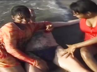 lucky man enjoys a indian sex orgy on the beach with two desi teens