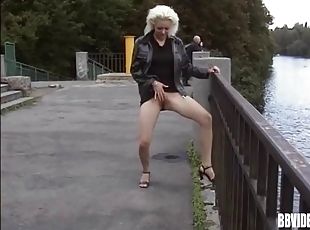 Bitches showing their cunts in public through pantyhose