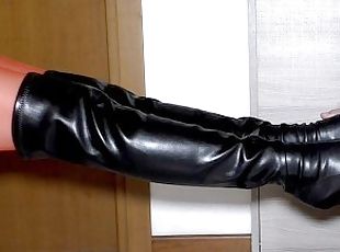 Male sub got horny with mistress boots and red stockings. He fucked her boots and jizz on them.