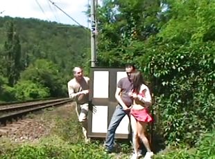 Can she handle two cocks in an outdoors railway station sex