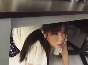 Cock hungry Japanese girl goes under the table to give head