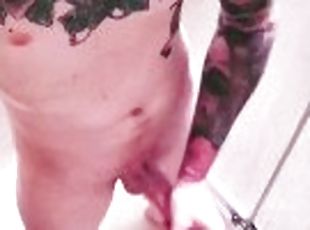Hot young tattooed guy solo shower masturabtion moaning and cumming hard