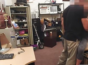 Tight tramp drilled by pawn dude in the back office