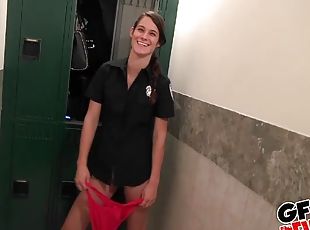 Brunette officer Tyler Michaels fucked in a bathroom in uniform