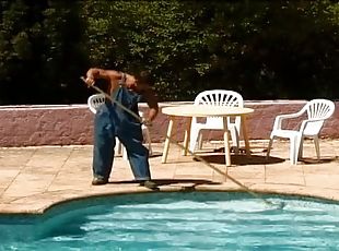 Two lustful girls have threesome sex with a pool cleaning guy