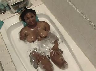 Ebony BBW takes a hot bath, gets fucked, and lets him cum inside her