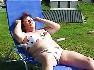 Pierced BBW Redhead Granny Masturbates and Fucks a Teen Cock Outdoors