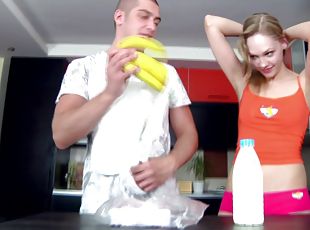 Babe in socks gets cumshot after being screwed doggystyle in the kitchen