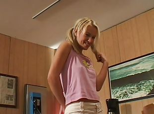 Pigtailed babe in miniskirt enjoys tough asshole pounding and swallows cum