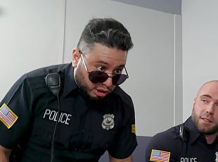 Cops share this slutty bitch for anal sex and come inside her