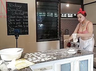 Regina Noir In Nudist Housekeeper Cooking At The Kitchen. Naked Maid Makes Dumplings. Naked Cooks. Bra 2