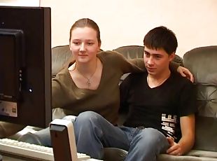 Teen couple fucks after watchting porn