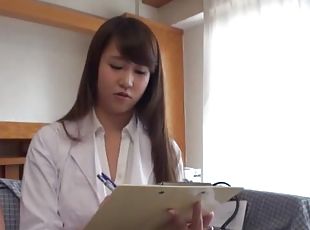 Clothed sex in missionary with a horny Japanese nurse with natural tits