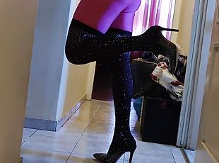 Pink lycra catsuit with heels 