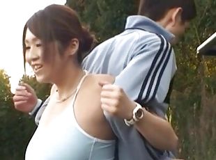 Hairy pussy Japanese Yuka Nishii gets pleasured in outdoors