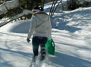 Extra-ordinary outdoors scene in snowy grounds along impatient teen girl