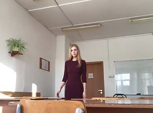 Hot blonde teen with amazing body tasing in class room