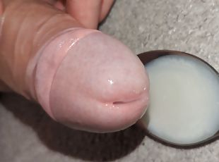 Super close up wank, edge and leak multiple loads onto a spoon and swallow own sperm ruined orgasm uncut veiny cock cum