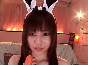 Rina Rukawa wears a bunny outfit while being teased with toys