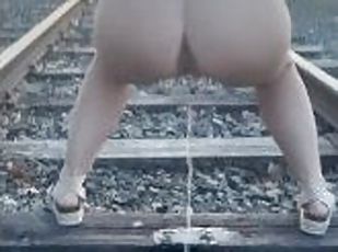 Upskirt POV Hot Mom Full Moon Pissing on Train Tracks Early Morning Birds Chirping