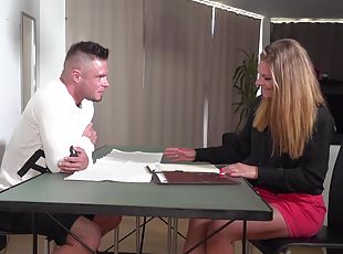 Loud action for a sexy blonde female during job interview