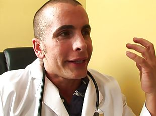 Doctor gets his patient naked and fucks her shaved pussy