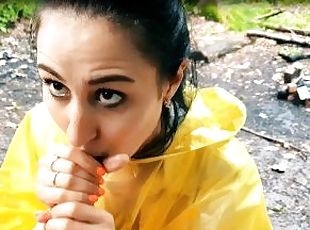 Brunette Girl in Yellow Raincoat Sucks Cock Outdoors