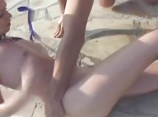 Collar and leash girl outdoors sucks his cock