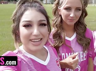 Soccer Girls Freya von Doom, Macy Meadows & Violet Gems Take Turns Riding Their Trainers Dick - POV foursome