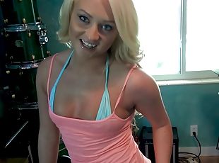 Blonde cutie Keely gets down on her knees to suck a hard dick