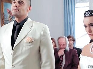 Sexy bride licks his shoes and sucks his cock