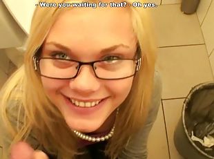 Blonde wants cock in public bathroom