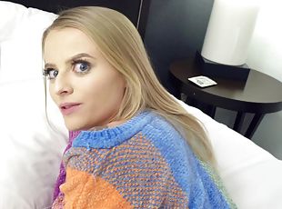 Blue eyed blonde Paris White sucks and rides a big black dick POV