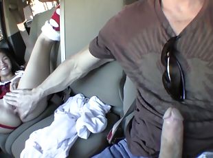 Asian teen sucks his big cock in the car