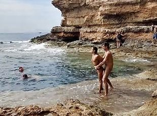 nudist, zunaj, javno, amaterski, par, plaža, fukanje