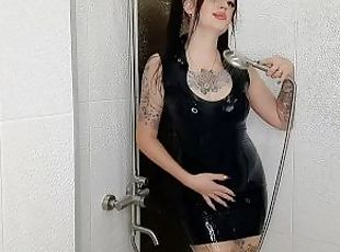 baden, dilettant, babe, fetisch, dusche, latex, allein, herrin, vorherrschaft, brunette