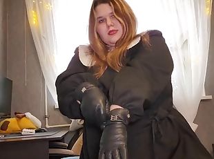 BBW vampire mistress in leather gloves jerks off with elements of blowjob